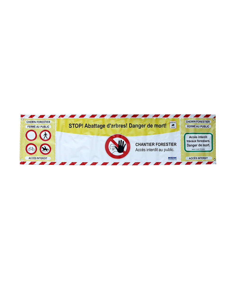Bannière d’avertissement/de délimitation KOX FR « Stop ! Abattage d’arbres ! Danger de mort ! », XX9772-FR